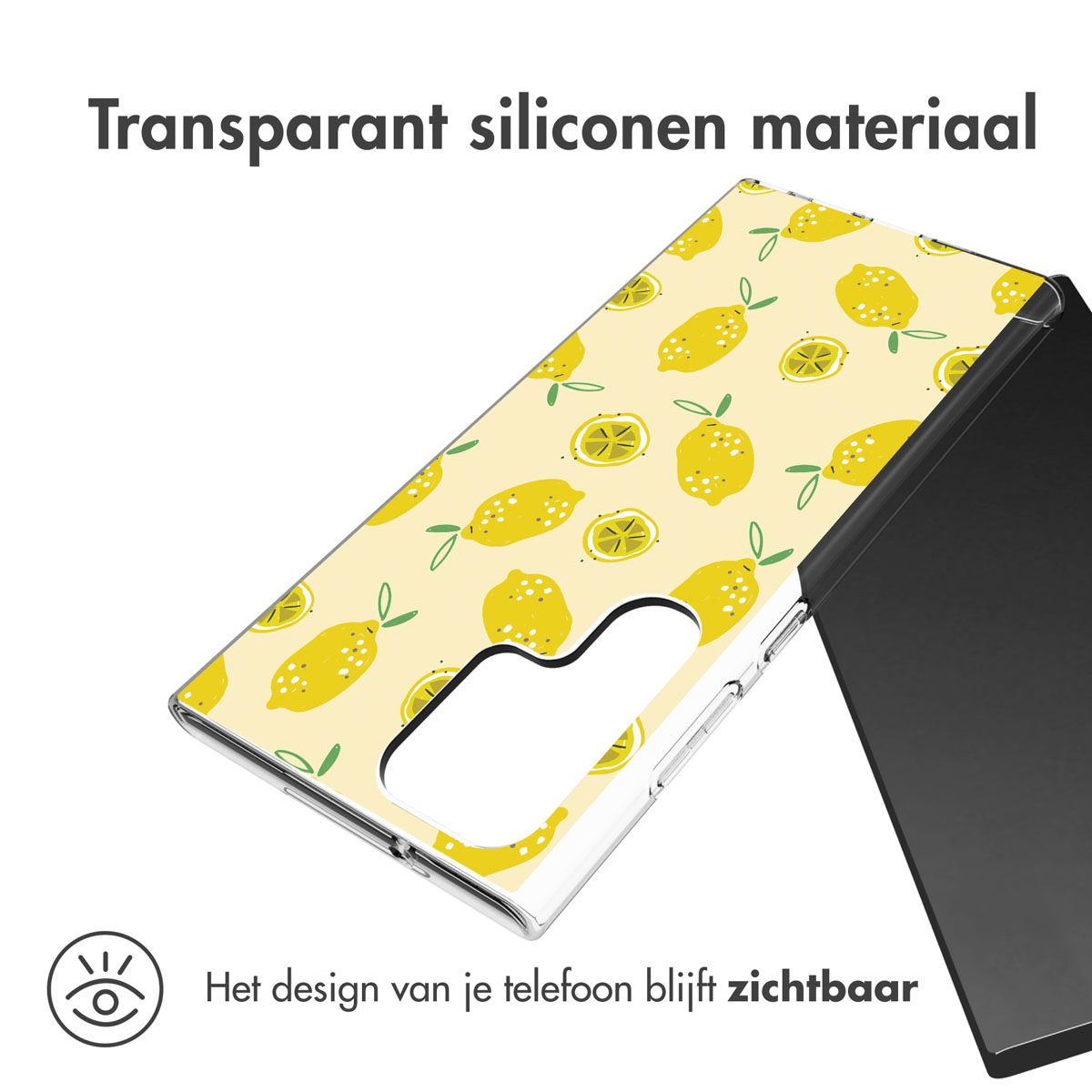 Klare Handyhülle mit gelbem Zitronenaufdruck auf hellgelbem Hintergrund, die ein Telefon zeigt.