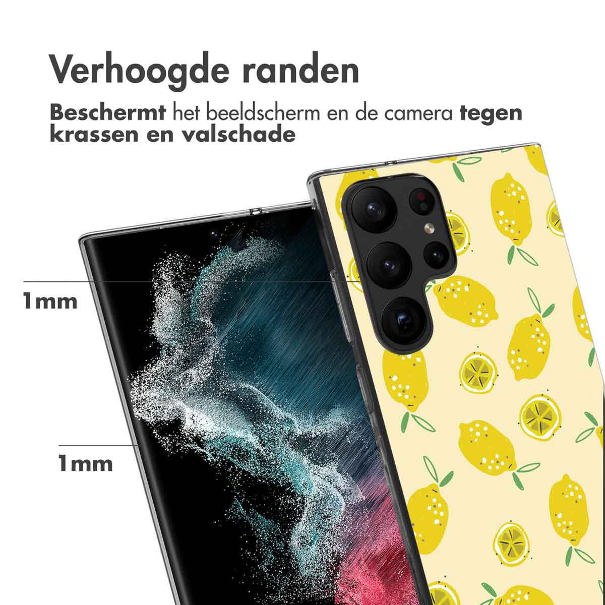 Handyhülle mit Zitronen-Design. Text: Erhöhte Ränder. Schützt Bildschirm und Kamera vor Kratzern und Schäden.