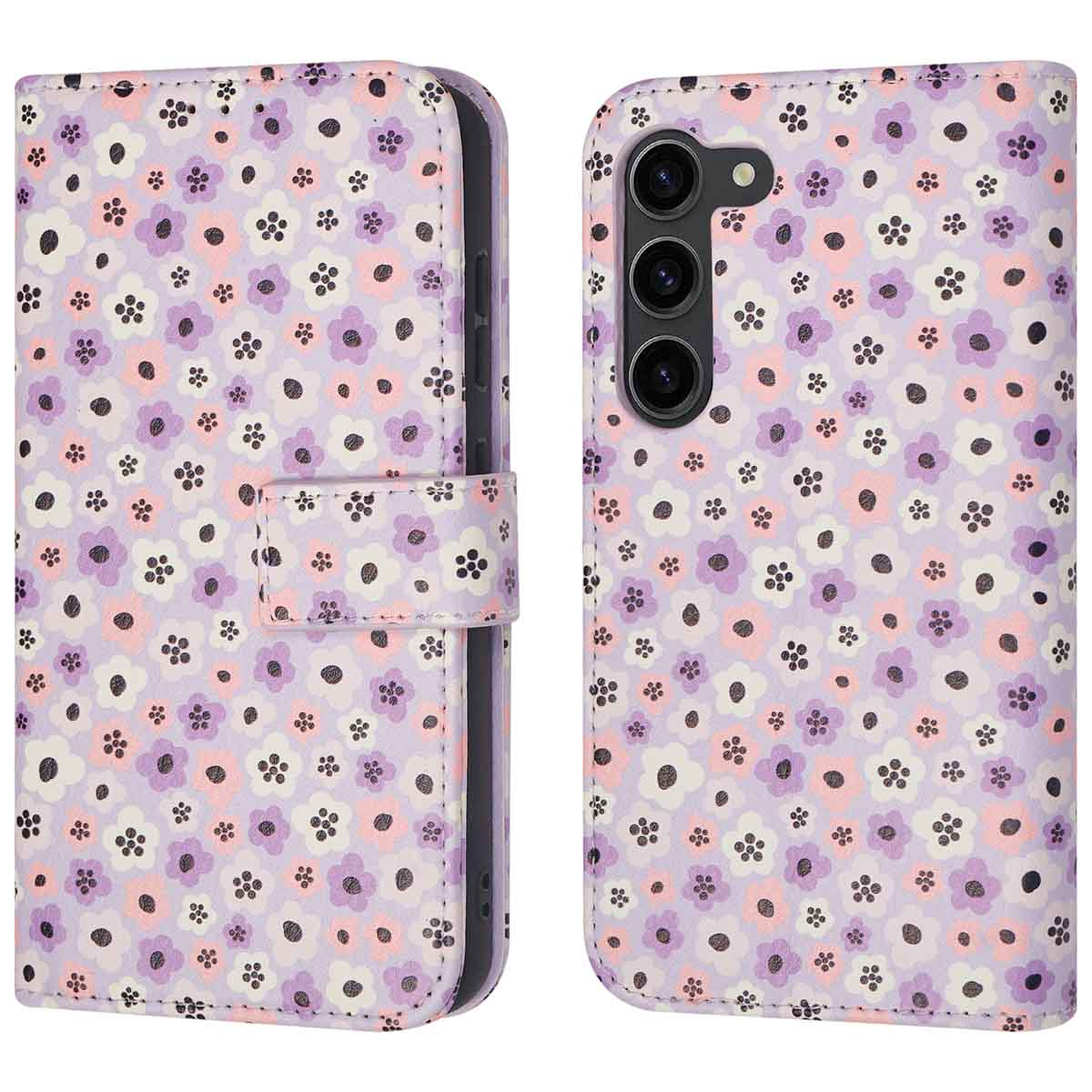 Een bloemen telefoonhoes portemonnee. De hoes is open en toont de telefoon binnenin, met de cameramodule.