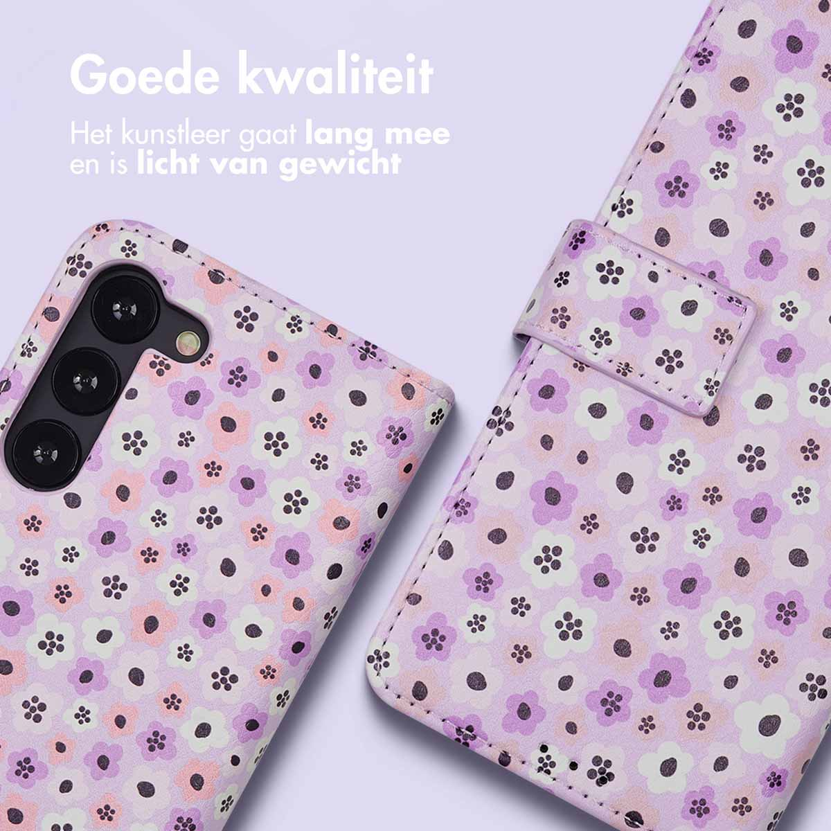 Twee telefoonhoesjes met bloemenpatroon, lichtpaarse en witte bloemen op een paarse achtergrond.