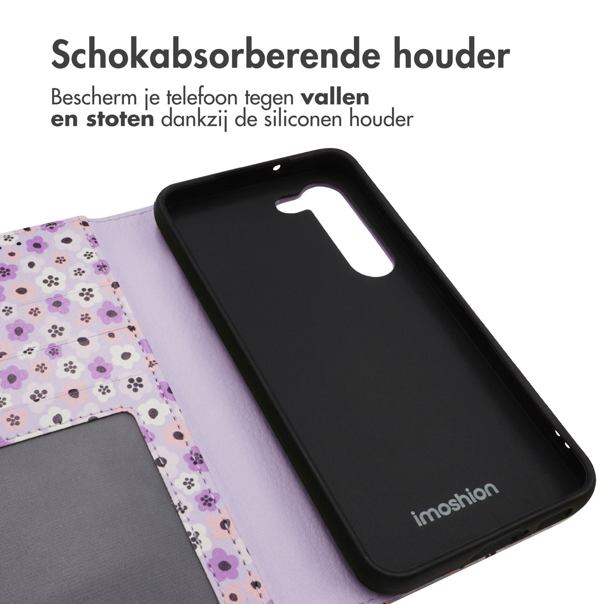 Open telefoonhoes met zwart interieur en bloemendesign aan de buitenkant, met de telefoon erin.