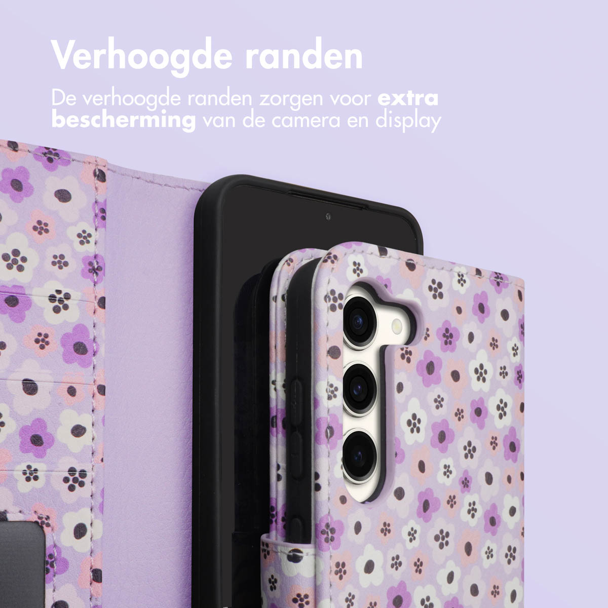 Telefoon in een bloemen telefoonhoes met verhoogde randen. Tekst: Verhoogde randen.