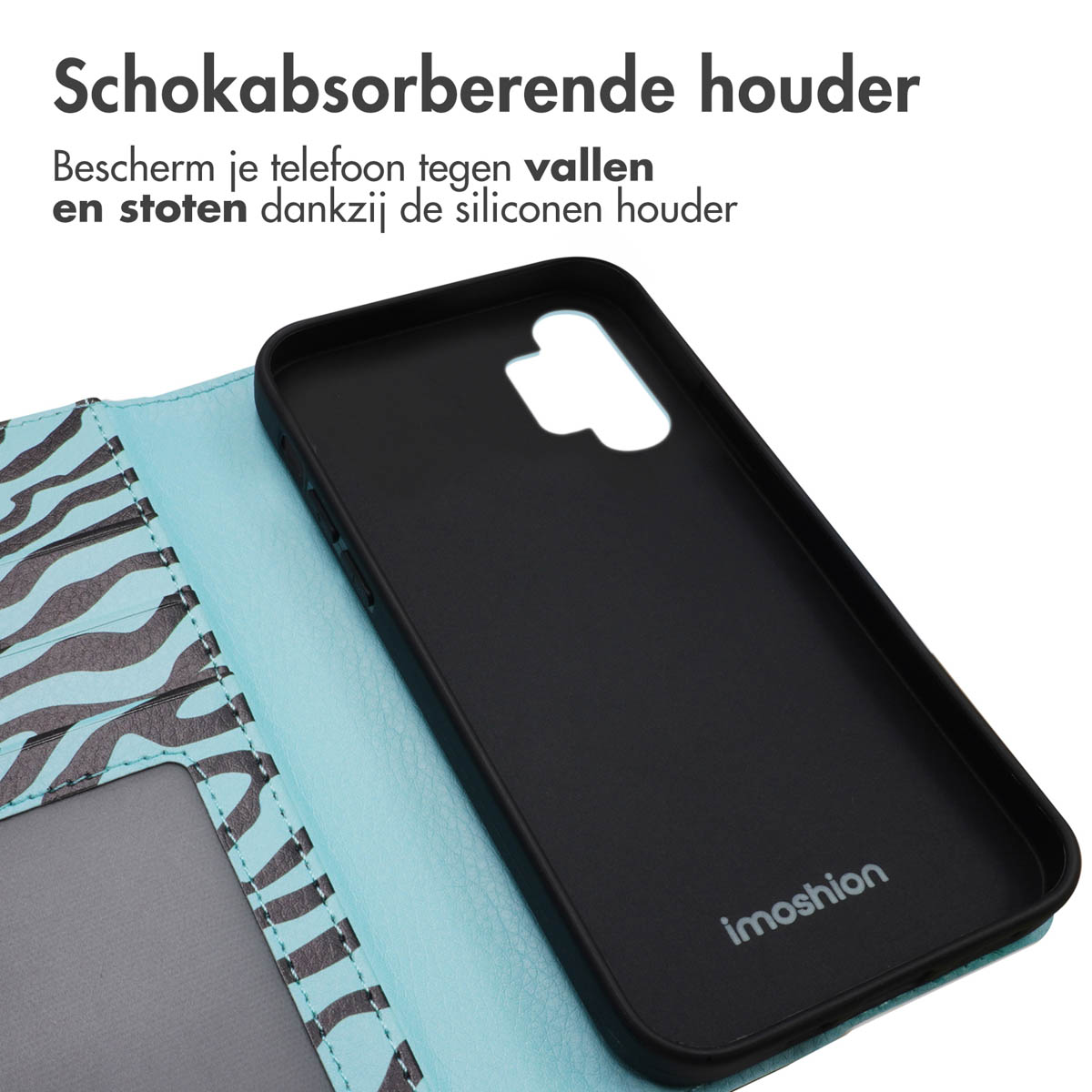 Zwarte telefoonhoes open, met een ontwerp.
