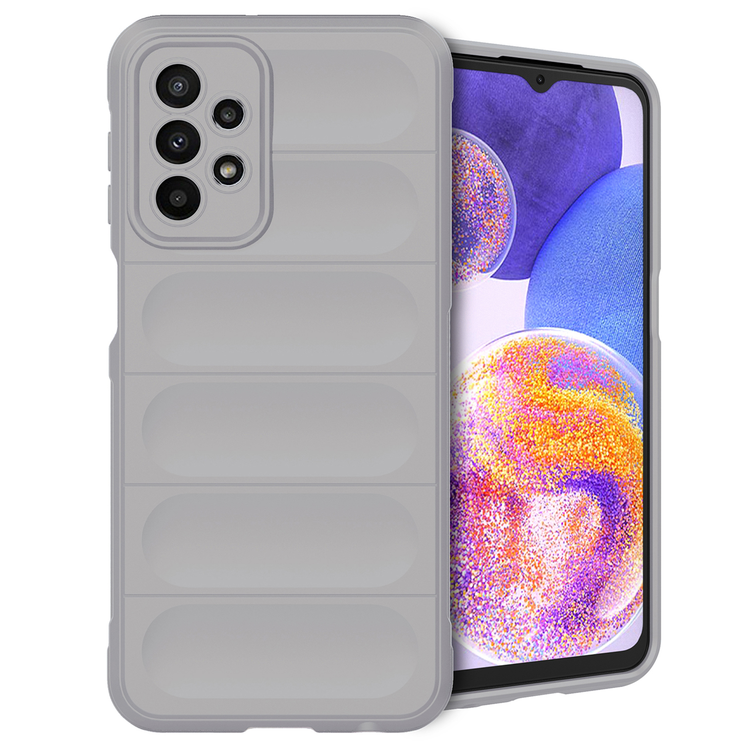 Custodia grigia su telefono, con sfondo colorato, che mostra lo schermo.