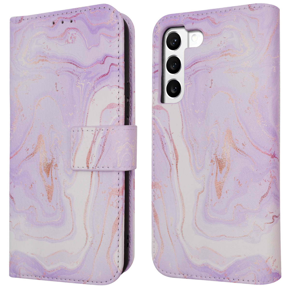 Coque de téléphone à motif marbre violet. Vues ouverte et fermée. Accents or rose. Deux vues.