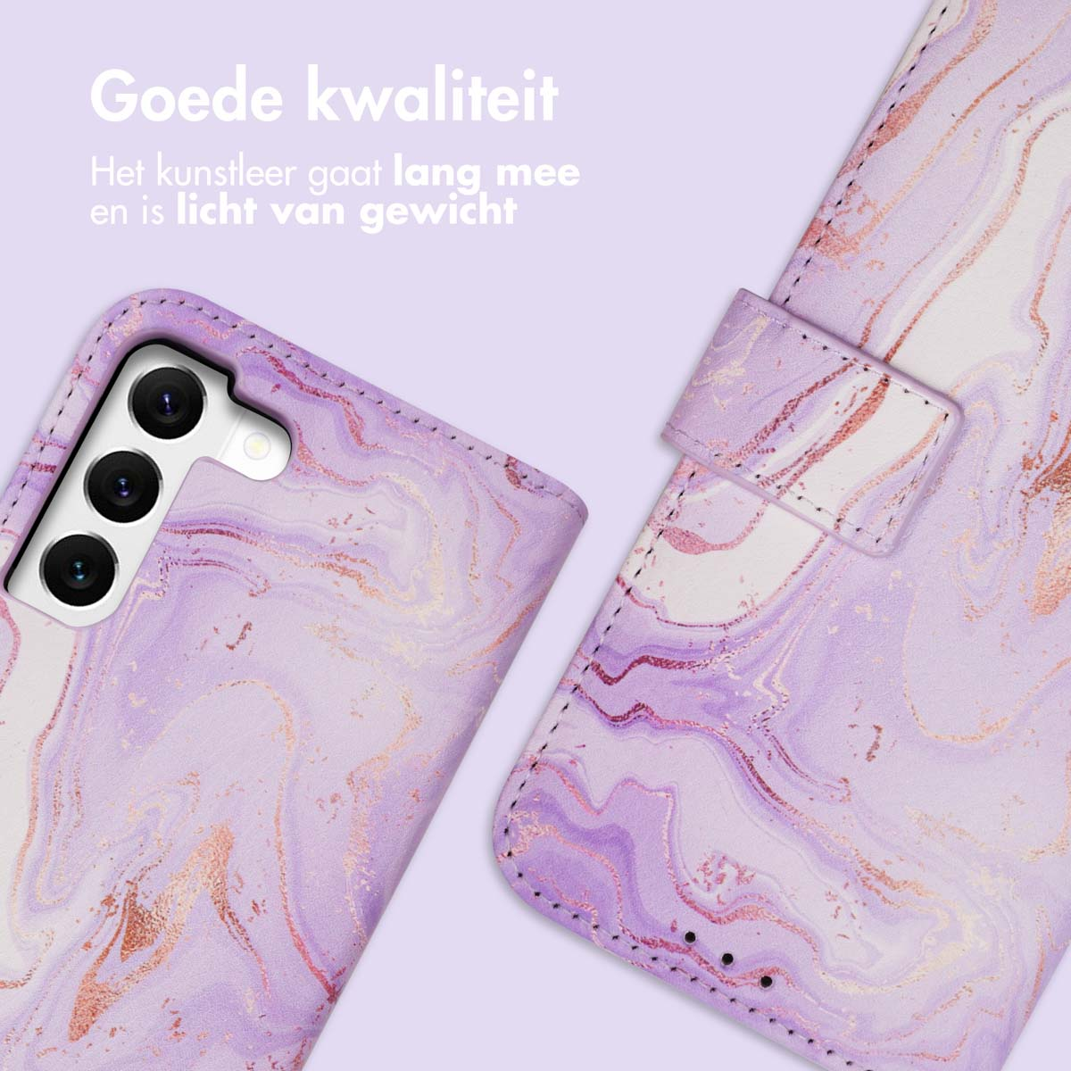 Étui de téléphone violet avec motif marbré. Comprend téléphone, caméra et fermoir magnétique.