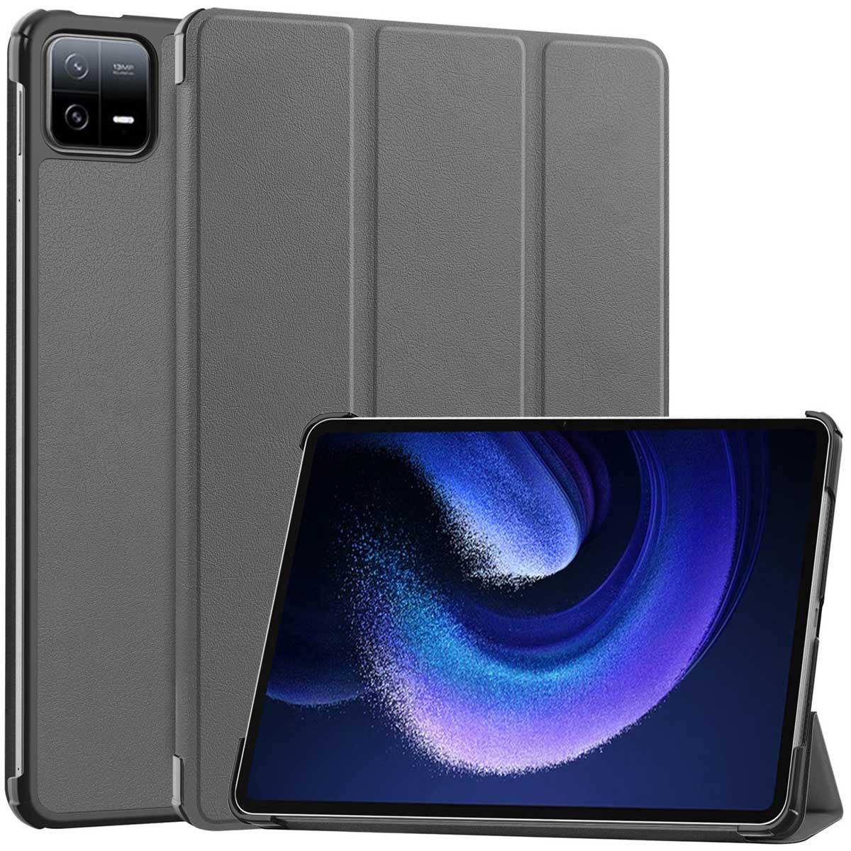 Tablet and grey case. The tablet screen shows a colorful galaxy design, with the case open.