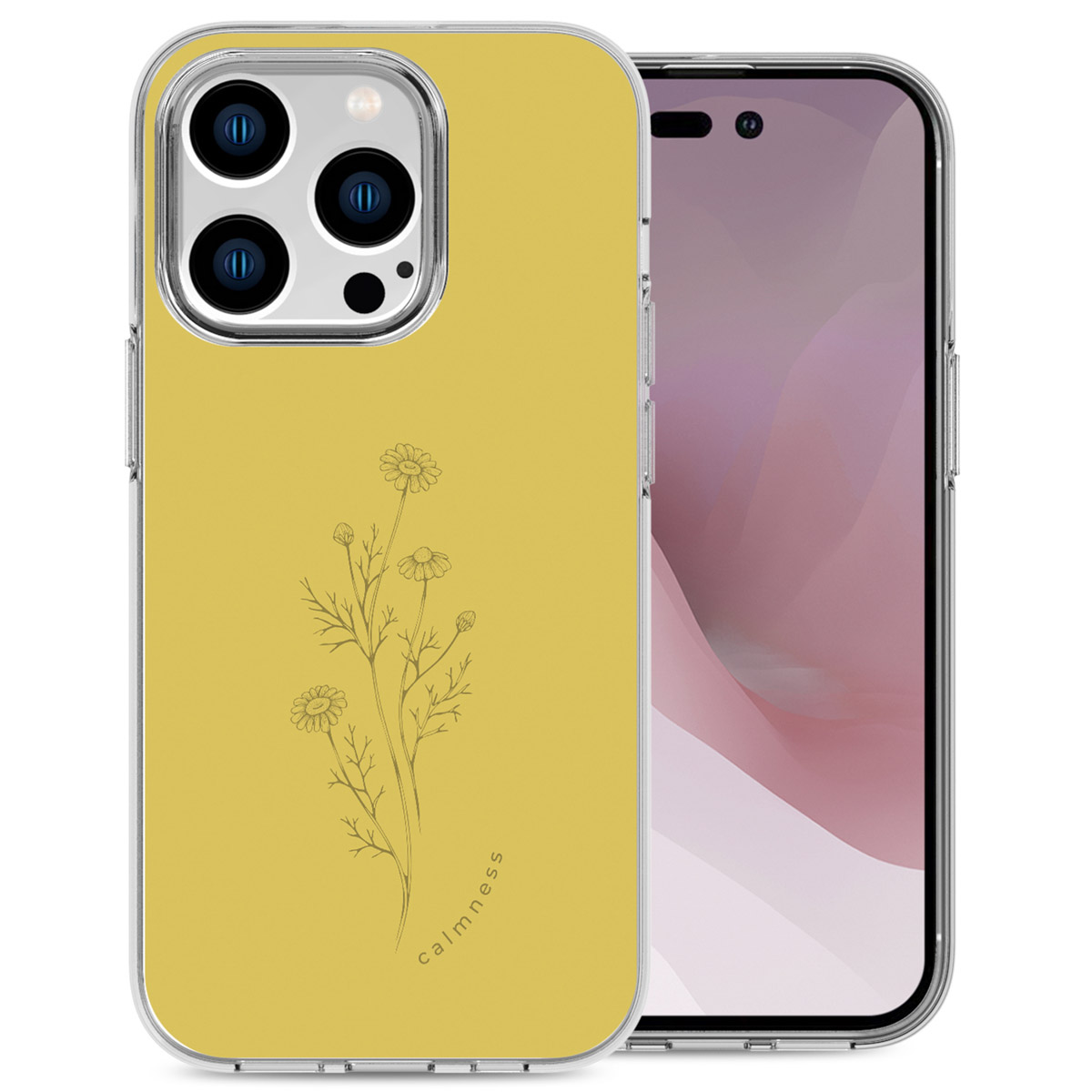 Custodia gialla con design floreale su un telefono, sfondo bianco.