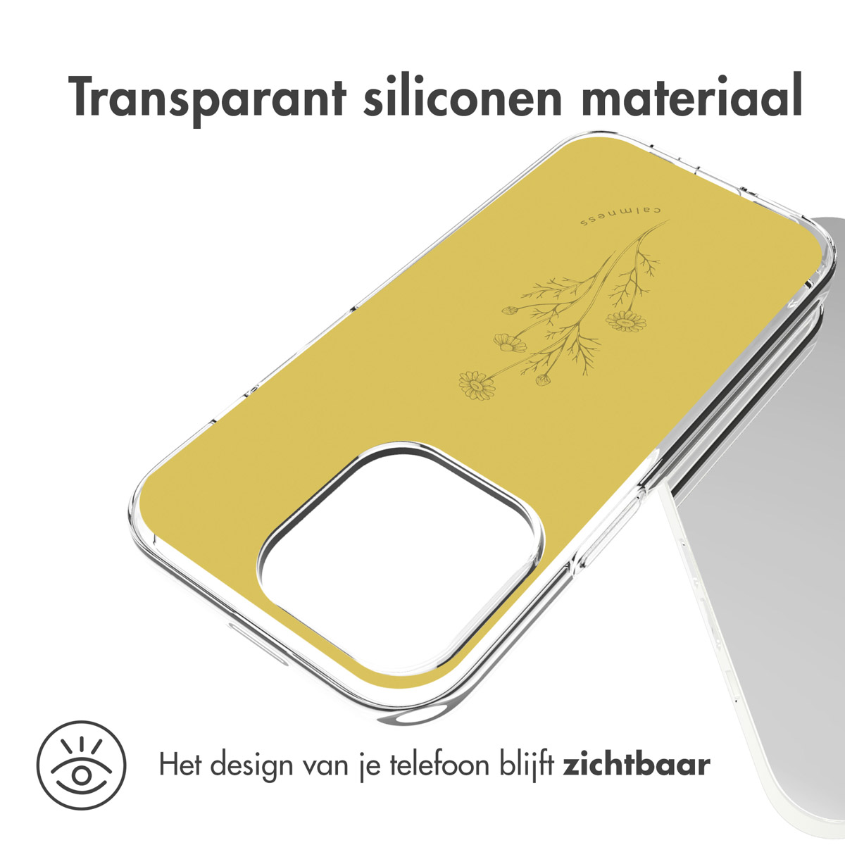 Custodia trasparente con retro giallo. Design floreale. Design del telefono visibile.