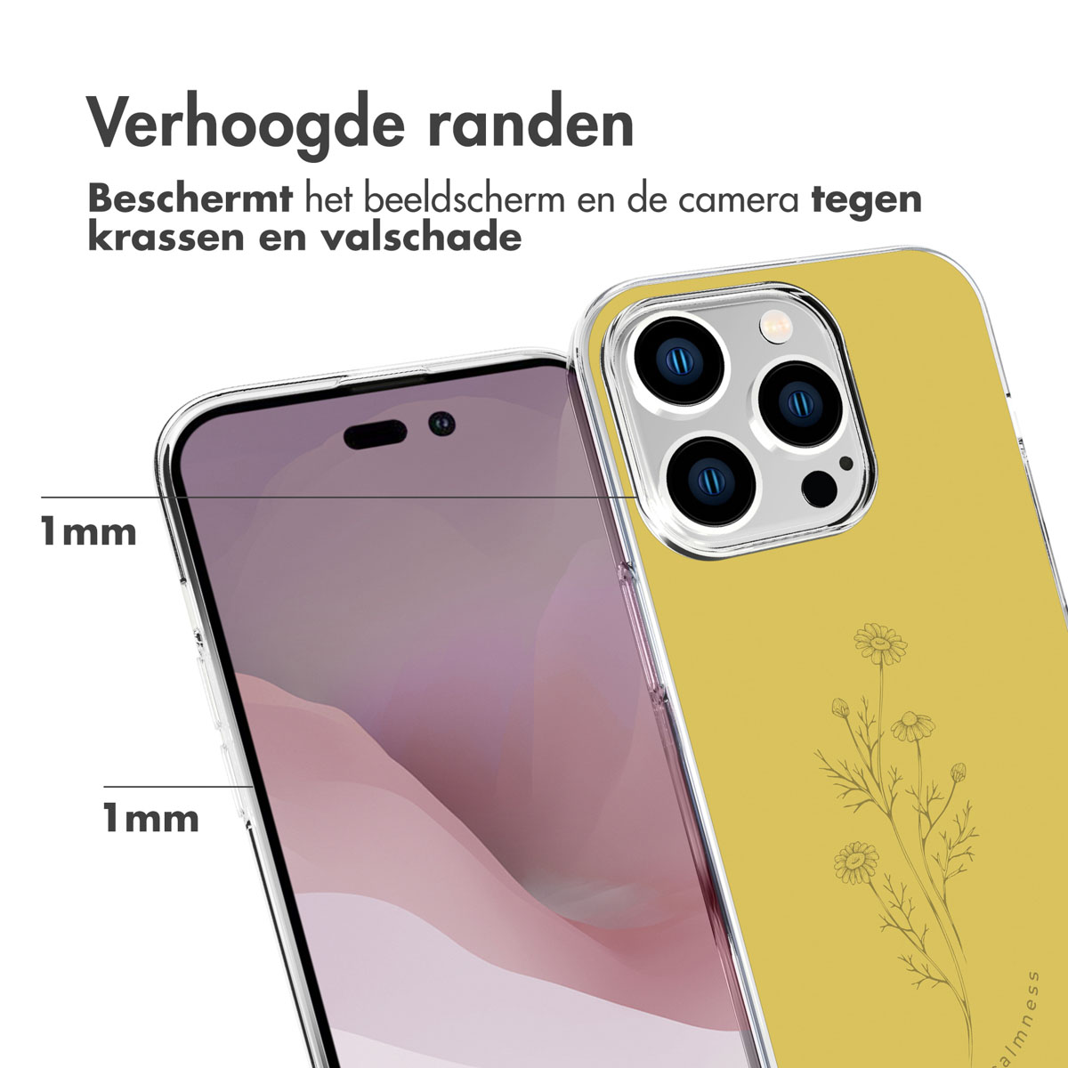 Telefono in una custodia gialla con un design floreale. La custodia è trasparente e mostra un bordo di 1 mm attorno allo schermo.