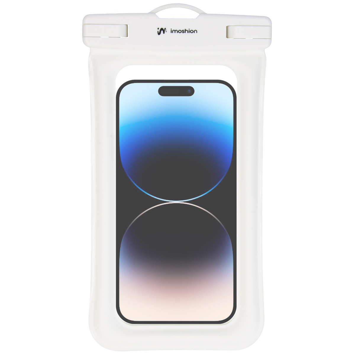 A white waterproof phone case with a phone inside. It has a closing mechanism and the imoshion logo.