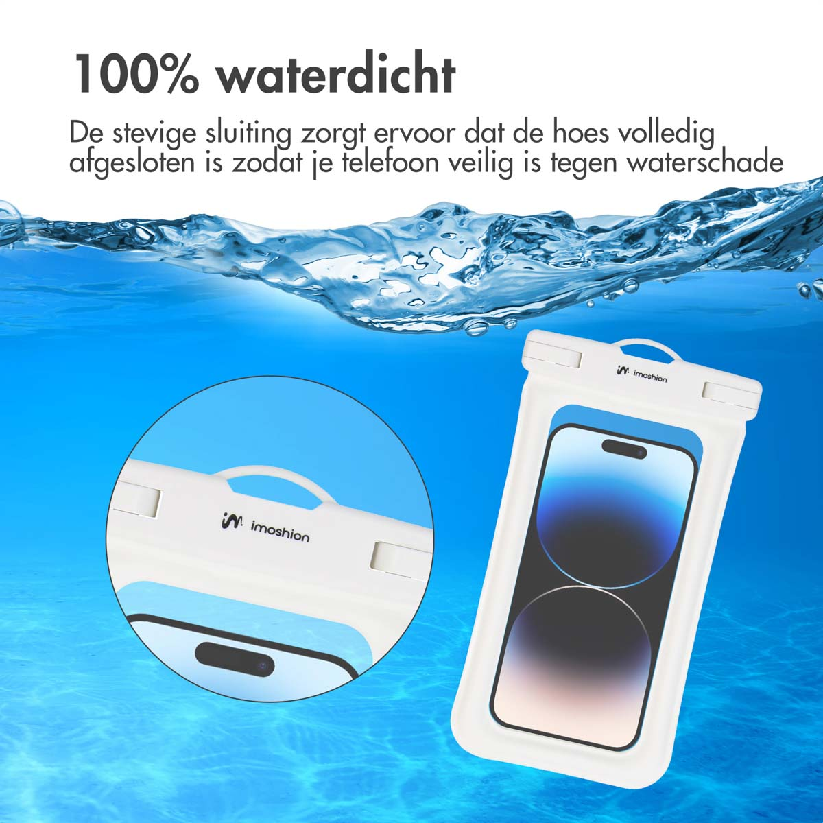 A white waterproof phone case underwater. The phone is visible inside, with the imoshion logo.