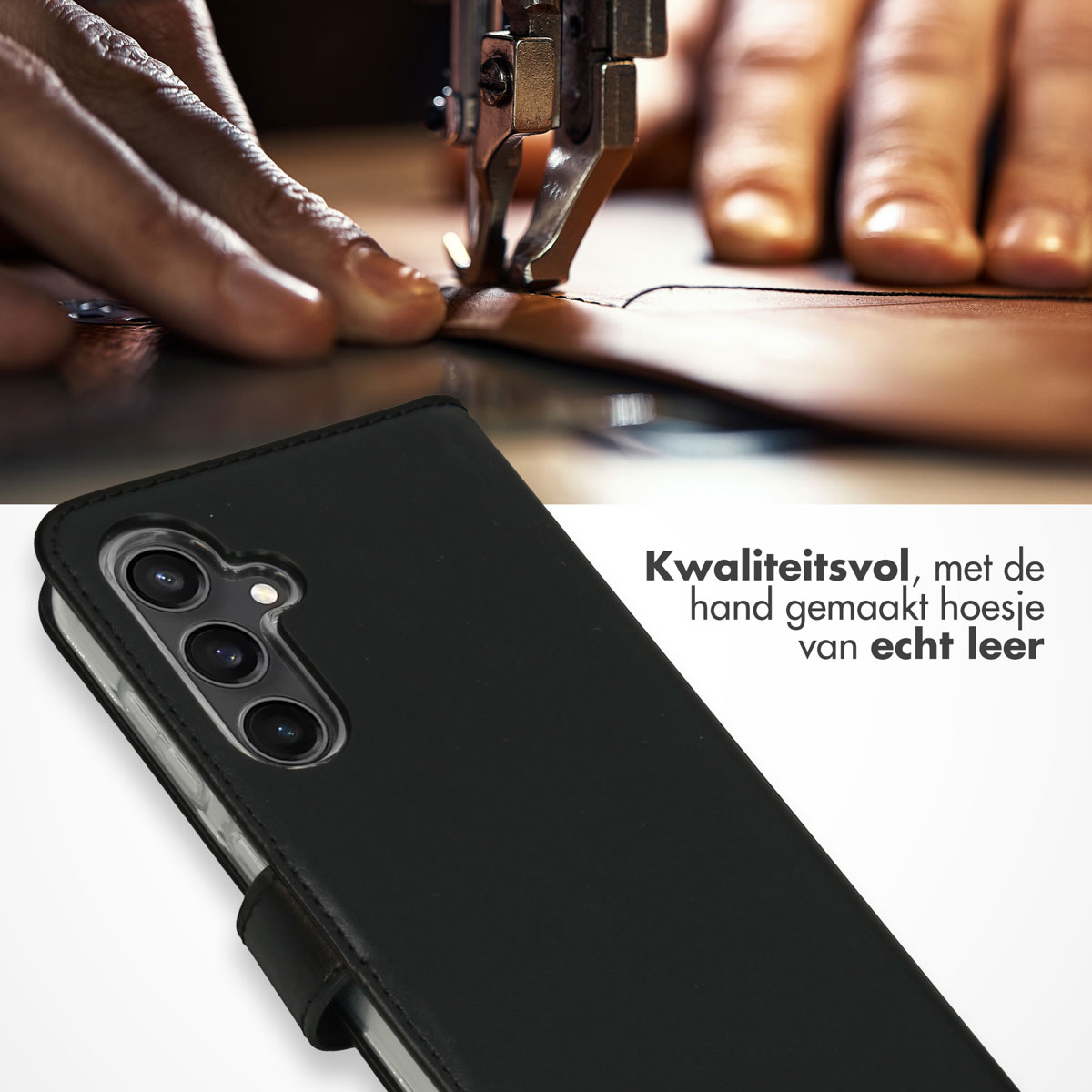 Zwarte leren telefoonhoes met een telefoon erin. Naaimachine op de achtergrond.