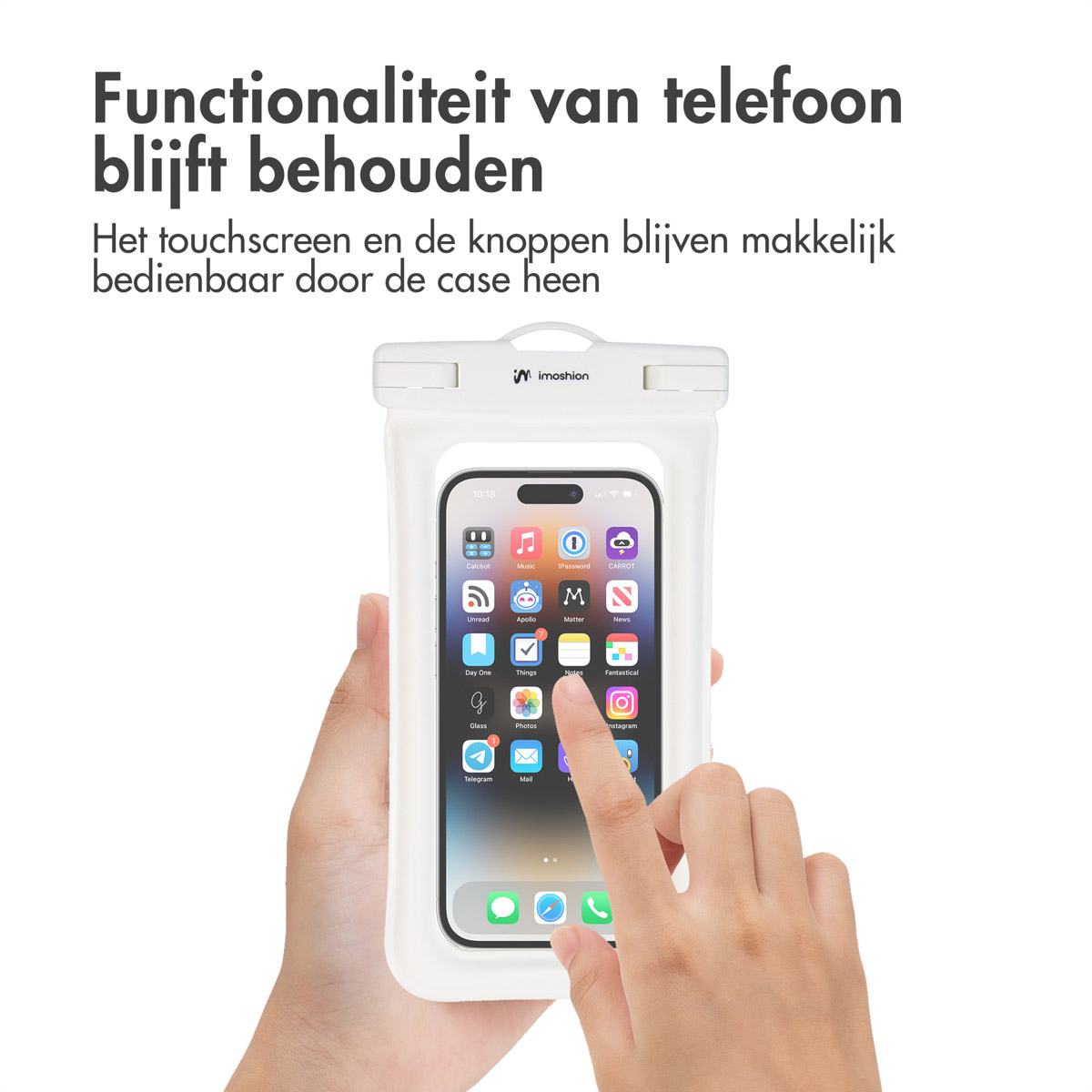 A person is holding a white waterproof phone case with a phone inside. The screen is visible and the text is clear.