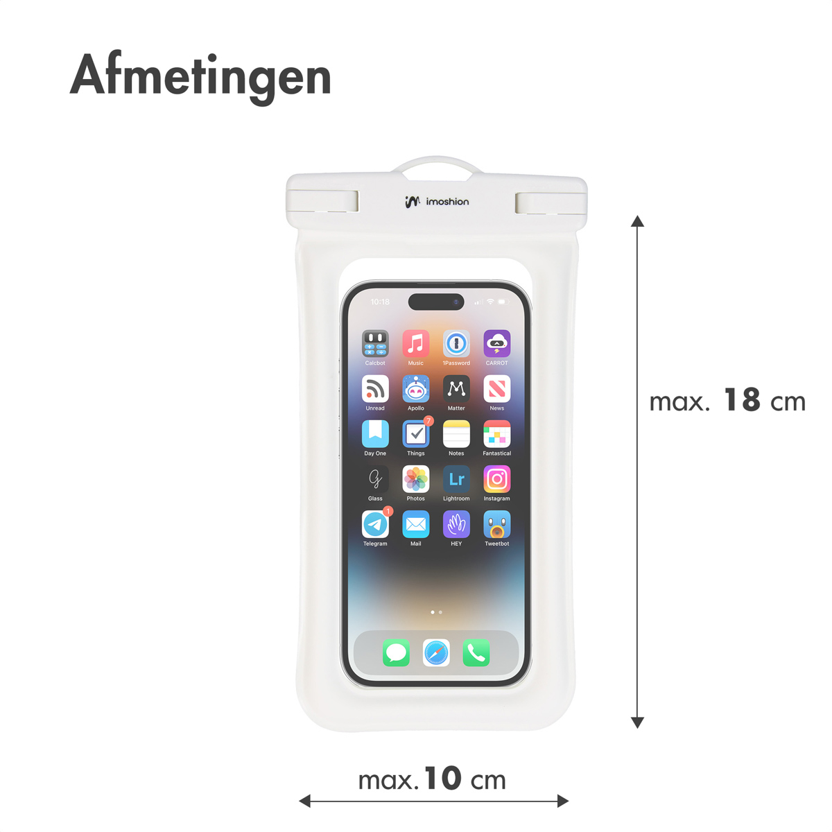 A white waterproof phone case with a phone inside. Dimensions are given: max. 18 cm and max. 10 cm.