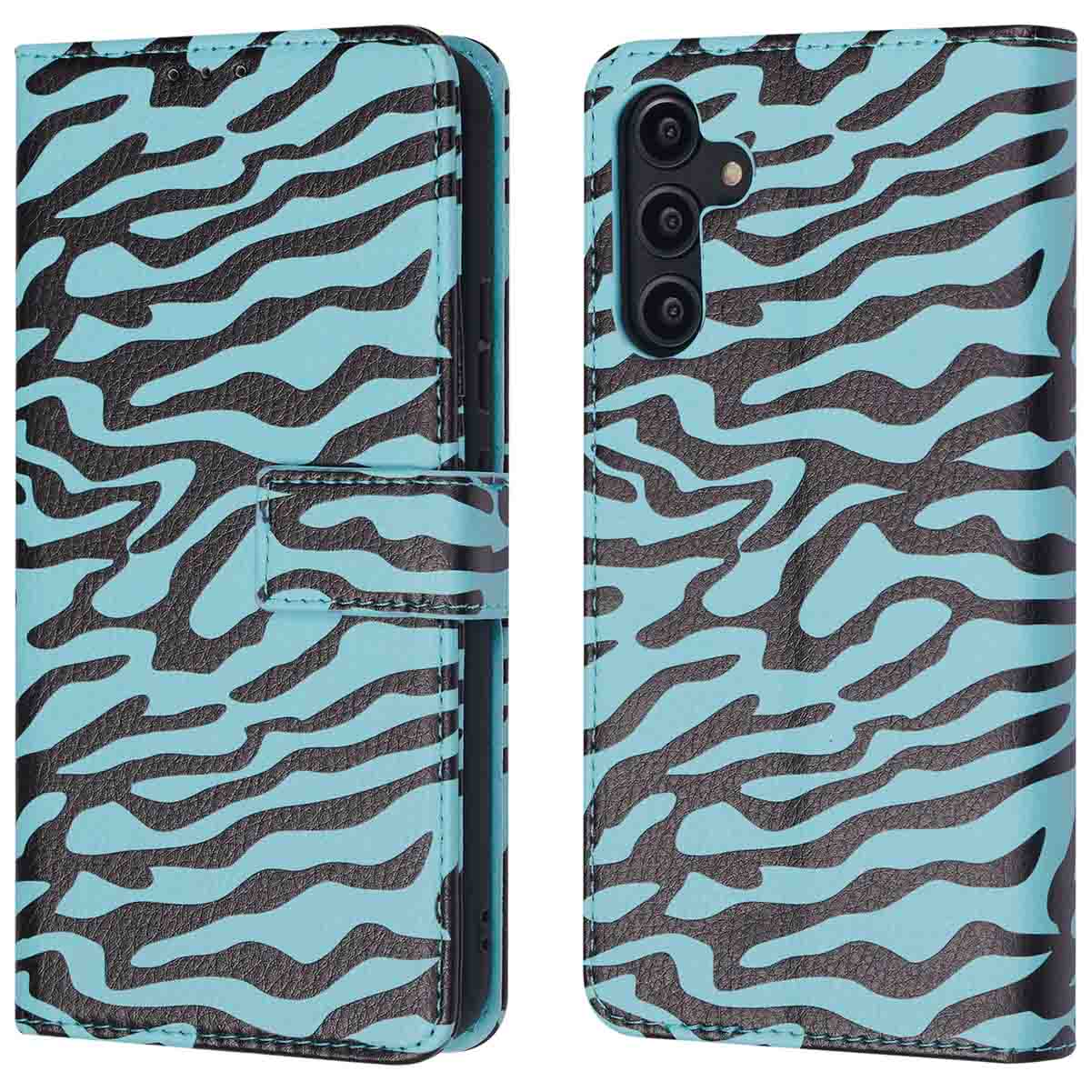 Deux étuis de téléphone, ouverts, montrant un motif zébré noir et bleu. L'un ouvert, l'autre fermé.