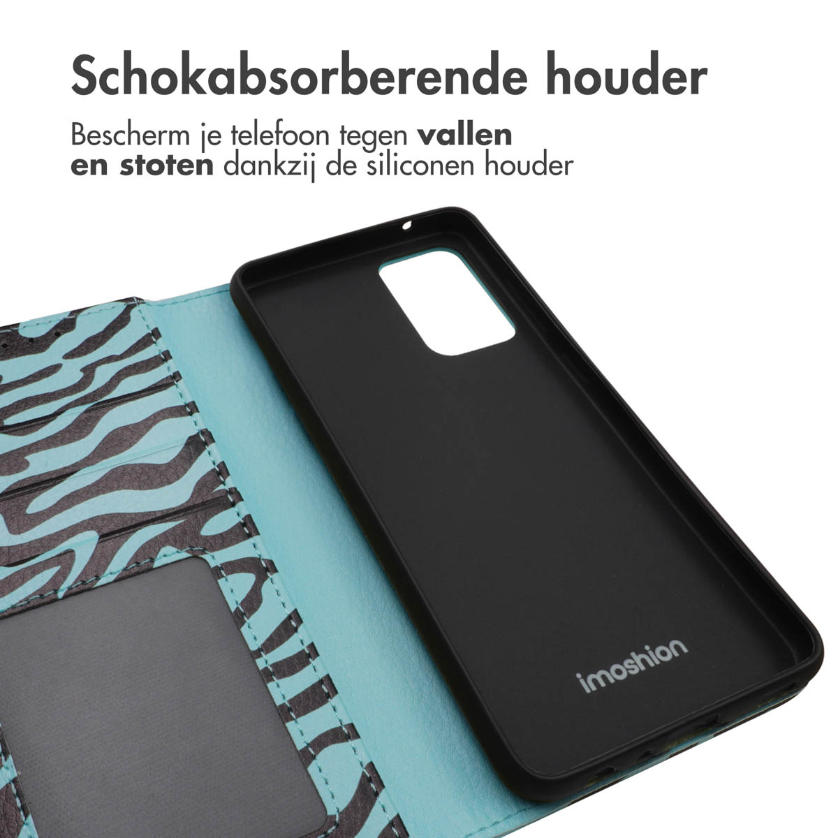 Étui de téléphone noir avec intérieur zébré et téléphone noir. Logo imoshion visible.