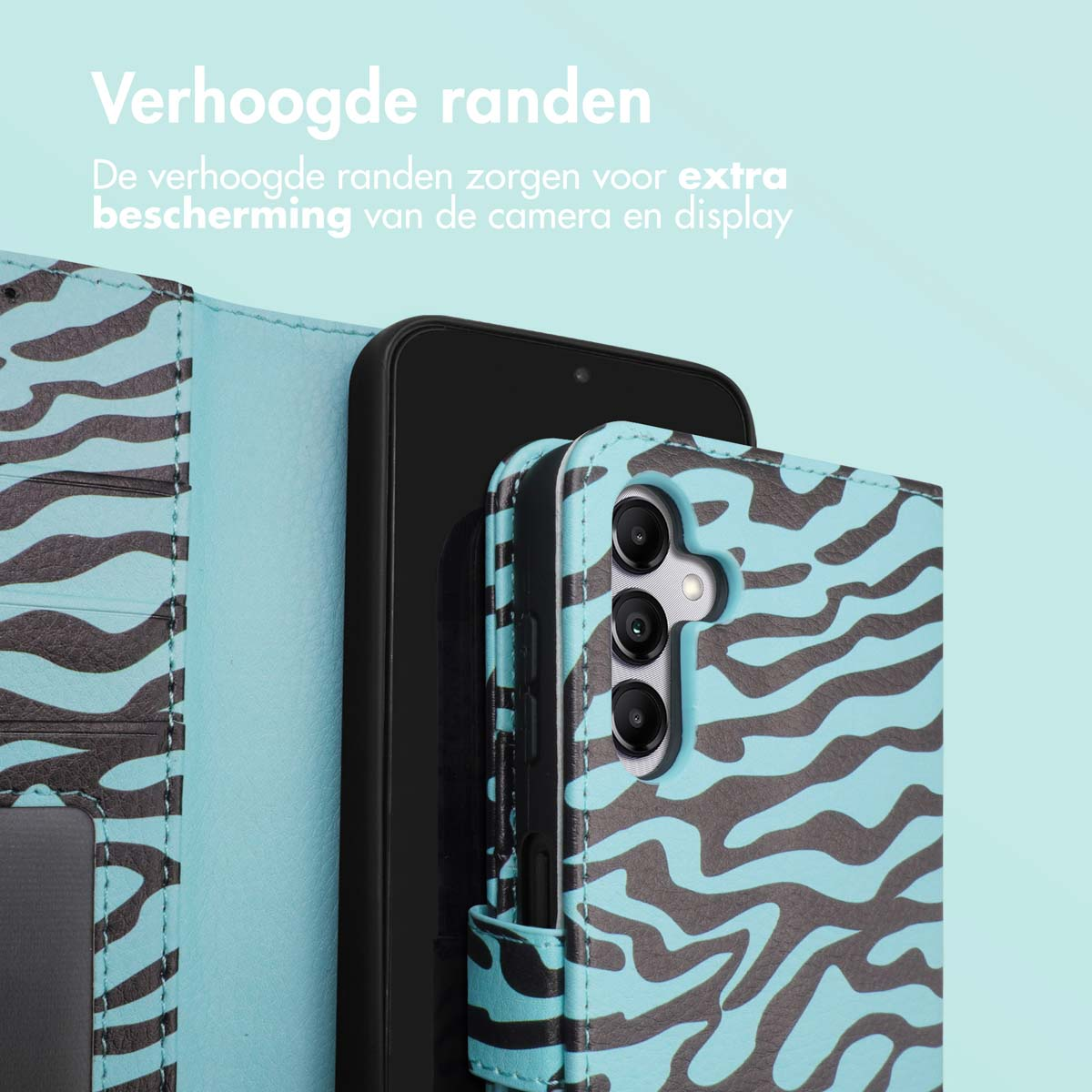 Téléphone dans un étui zébré avec bords surélevés. Texte : Bords surélevés.