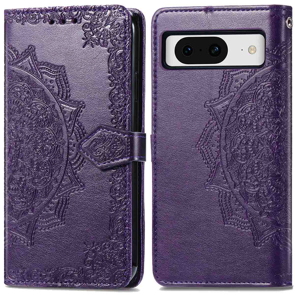 Paarse telefoonhoes met mandala-ontwerp, open en dicht. Met sluiting.