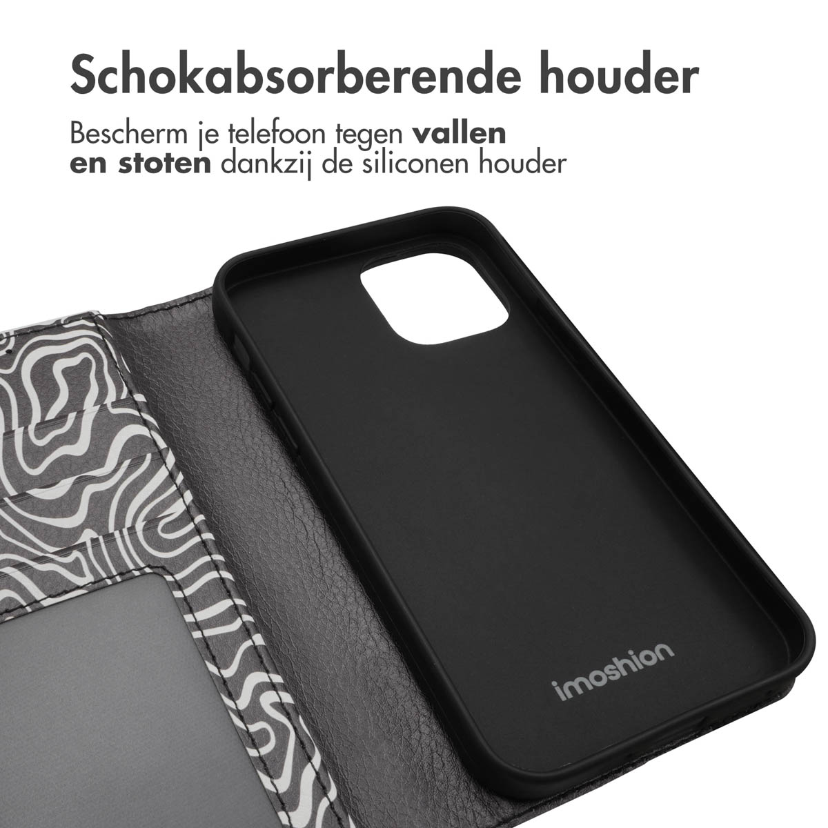 Schwarze Handyhülle mit weißem und schwarzem Muster. Geöffnet, zeigt eine schwarze Handyhülle. Text: Schokabsorberende houder.