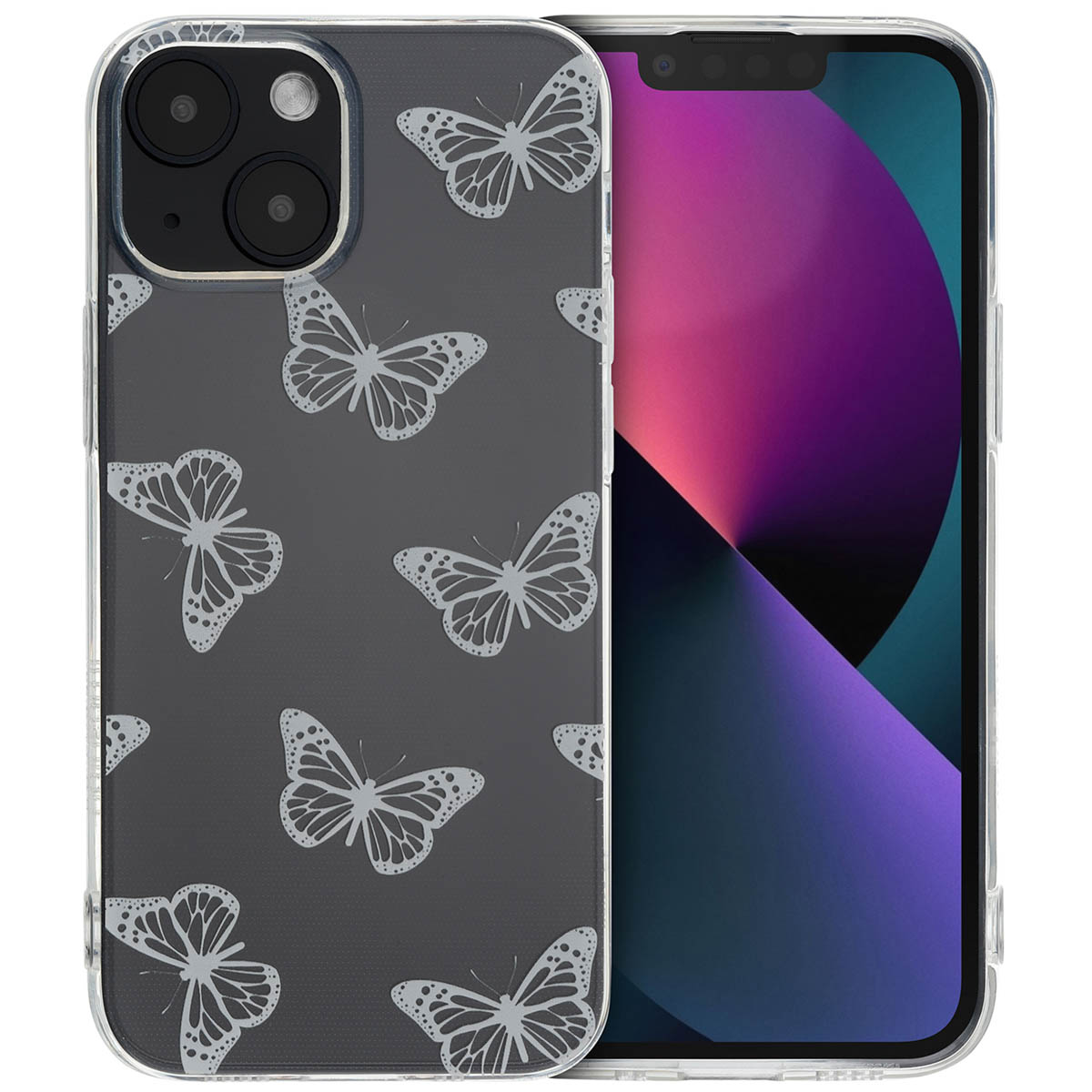 Coque transparente avec motif papillon. Téléphone à l'intérieur.
