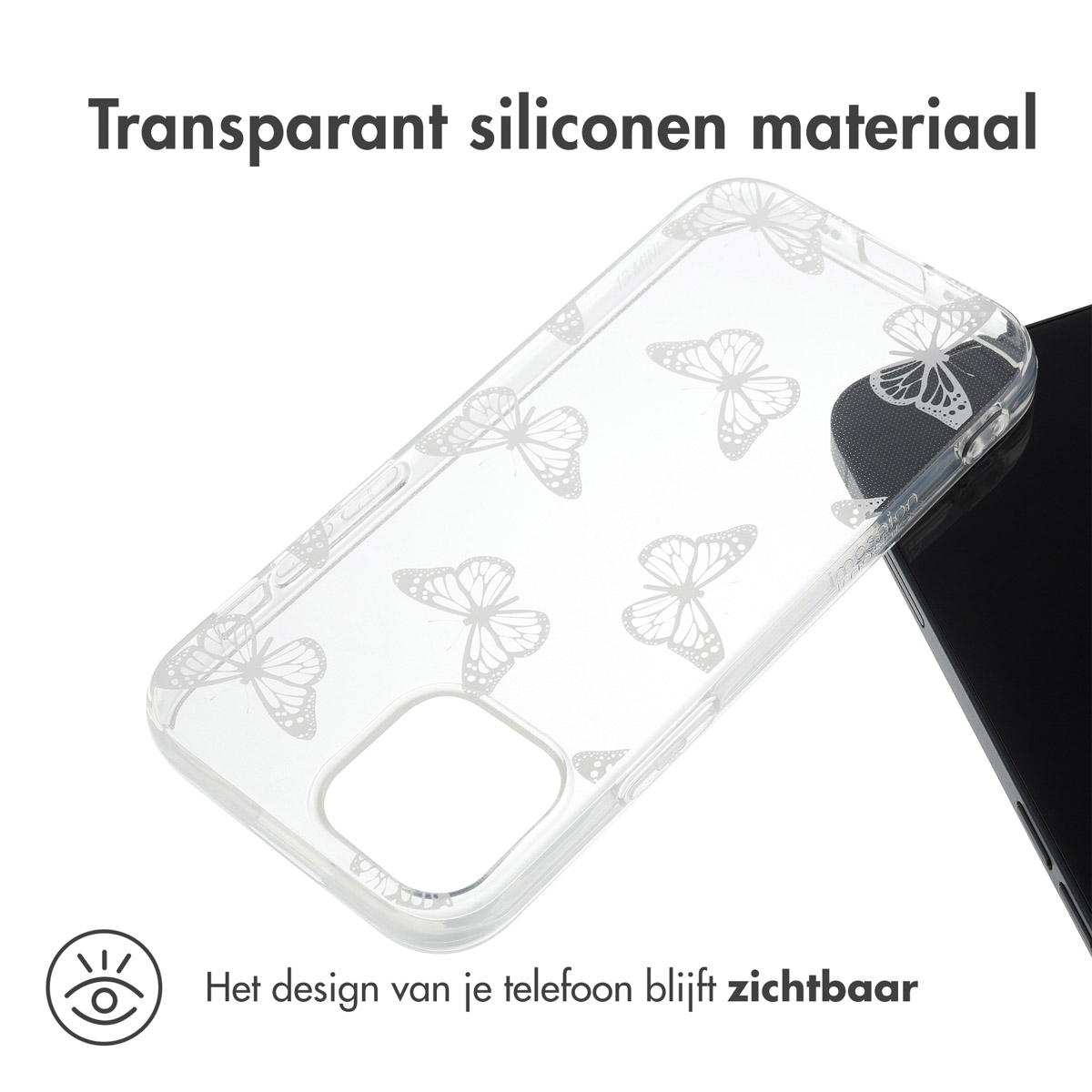 Une coque de téléphone transparente avec un motif de papillons est montrée. Le téléphone derrière est également visible.