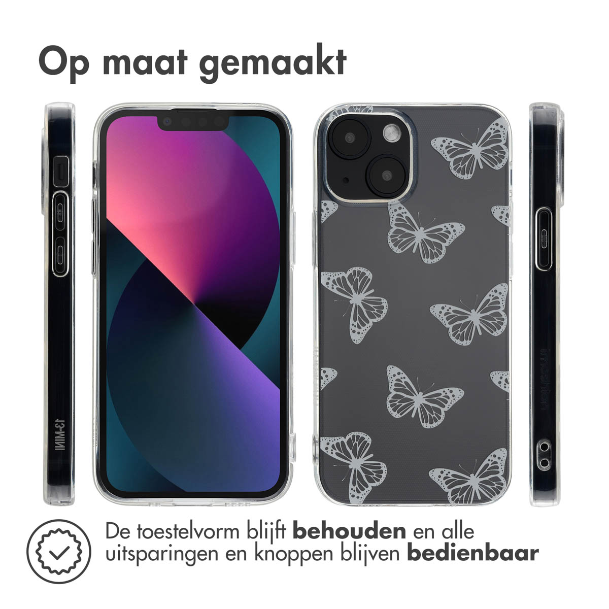 Coque avec motif papillon. Texte : La forme de l'appareil est conservée. Toutes les découpes et les boutons restent utilisables.
