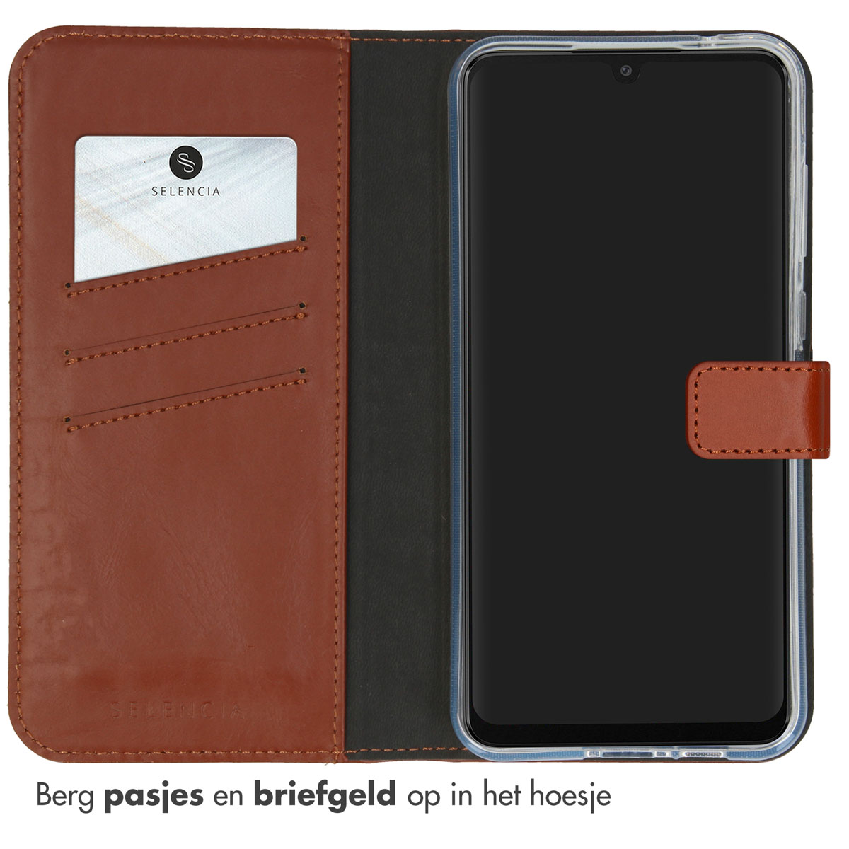 Étui marron avec téléphone, carte et fond noir.