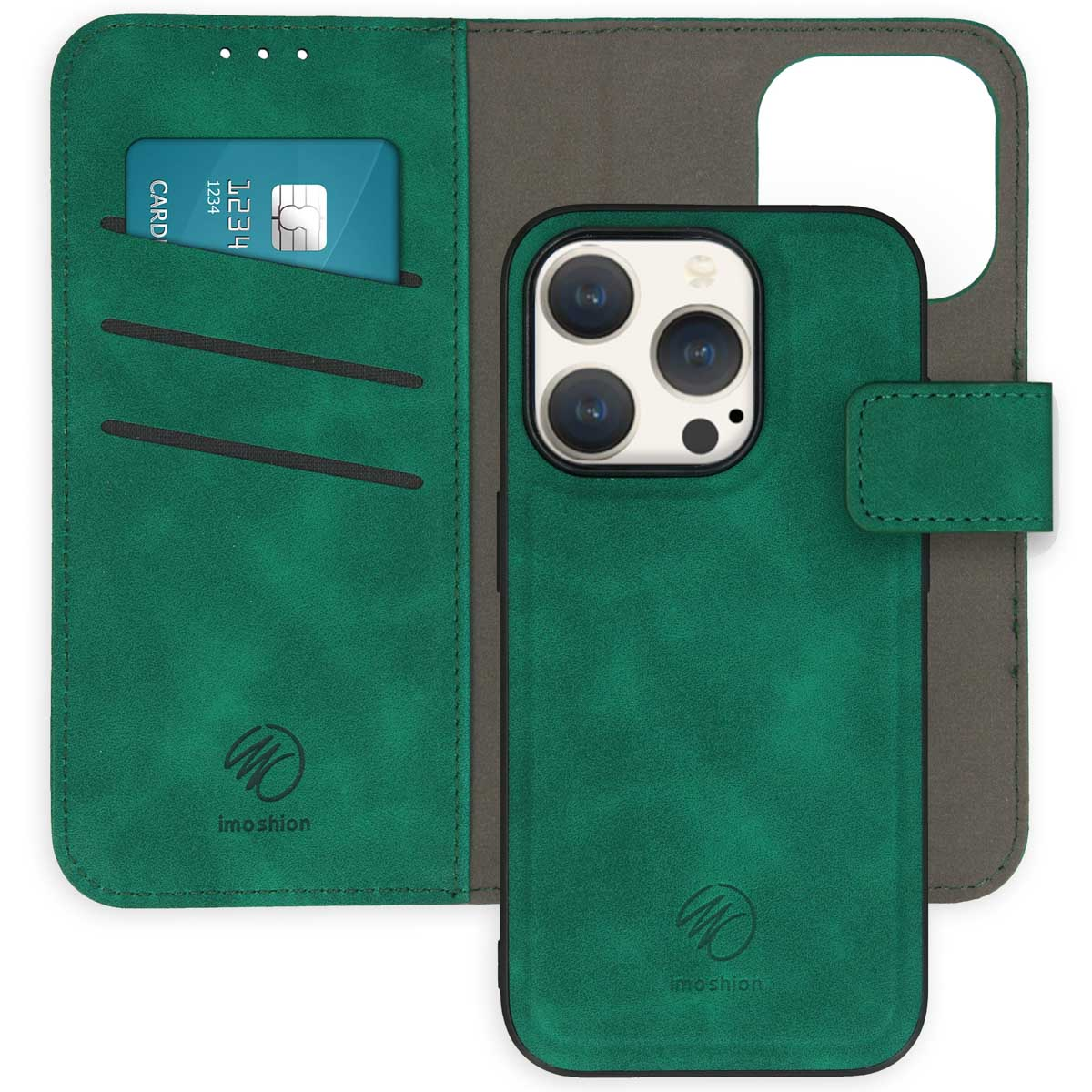 Groene telefoonhoes met kaartsleuven. De hoes heeft een donkergroene hoes en een zwarte telefoon erin.