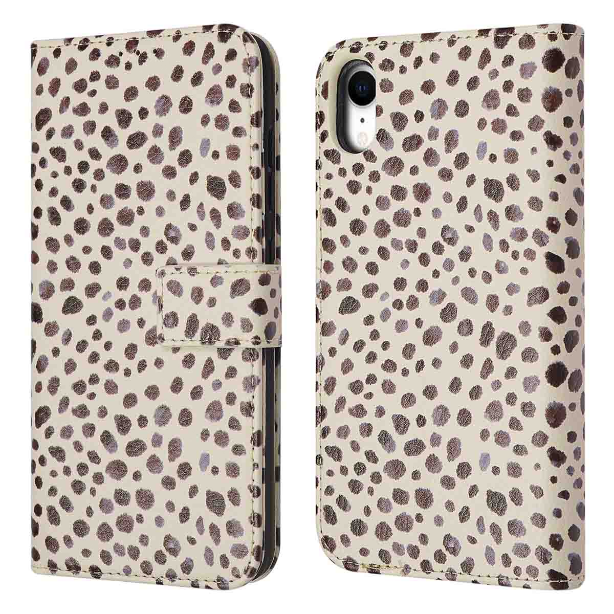 Coque de téléphone, ouverte et fermée, avec une base blanche et des taches marron foncé. La coque a une fermeture magnétique.
