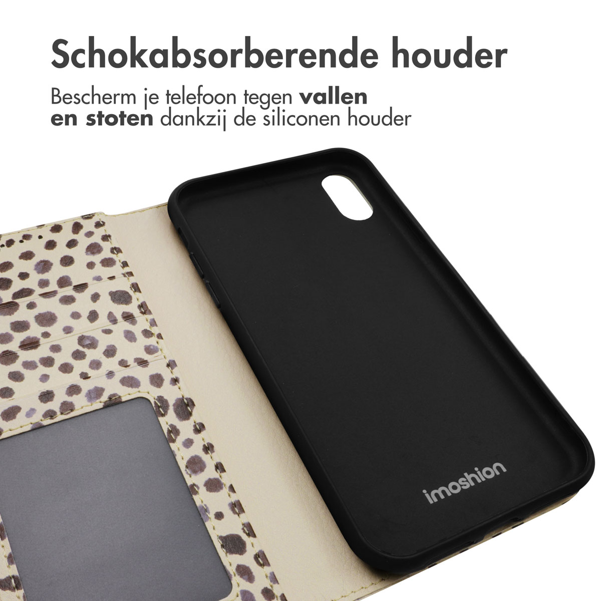Coque de téléphone noire et étui portefeuille à imprimé léopard, ouvert, montrant un téléphone noir.