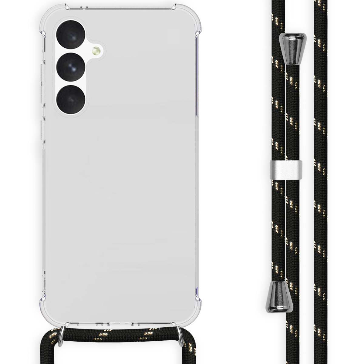 Coque de téléphone transparente avec téléphone et cordon noir et doré.