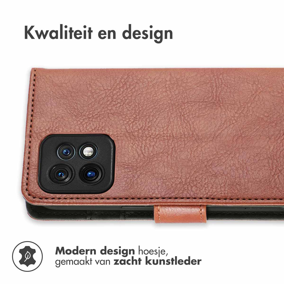 Bruine telefoonhoes met een getextureerd oppervlak. Met camera-uitsparingen en magneetsluiting.