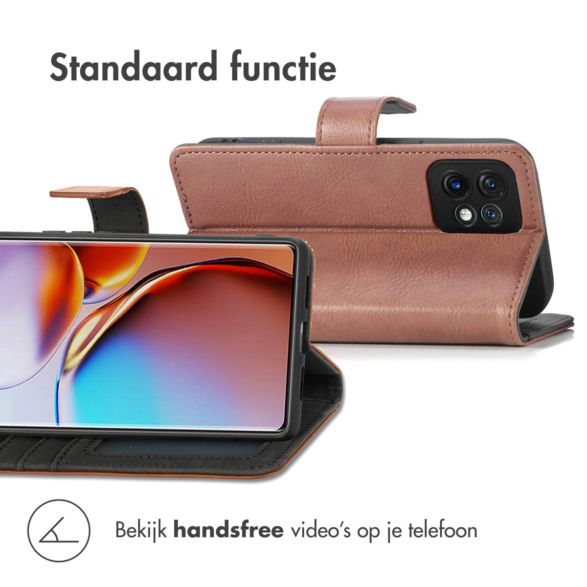 Telefoon in een hoesje, en een andere telefoon op de achtergrond, met een standfunctie.