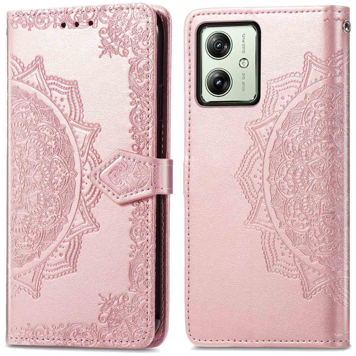 Roze telefoonhoes met decoratief ontwerp. Telefoon binnenin. Magnetische sluiting. Roze, grijs interieur.