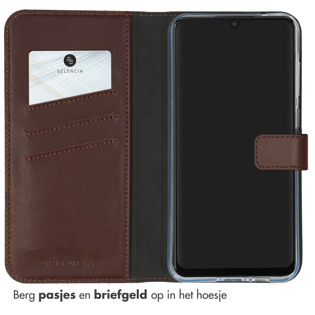 Étui marron avec téléphone, carte et fond noir.