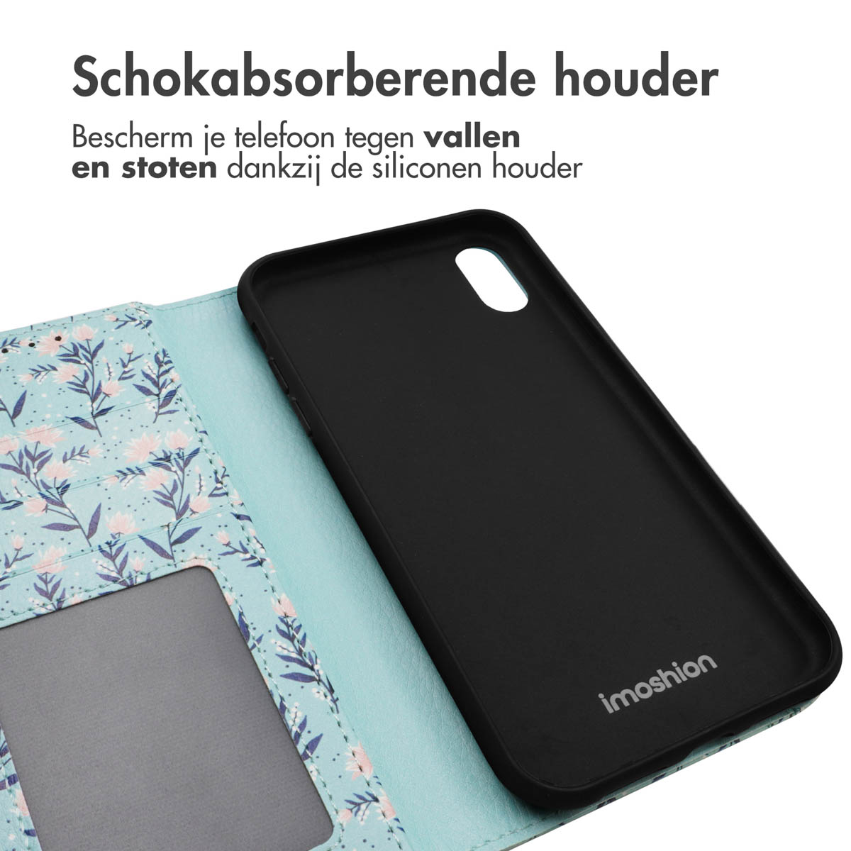 Coque de téléphone noire à l'intérieur d'un étui portefeuille floral bleu et blanc. Le téléphone a un écran noir.