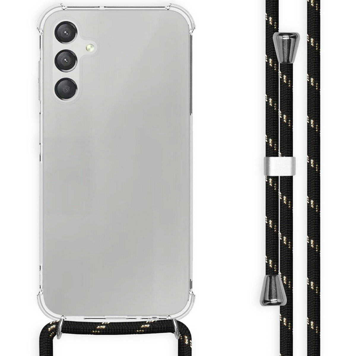 Une coque de téléphone transparente avec un cordon noir et doré est à côté d'un téléphone.