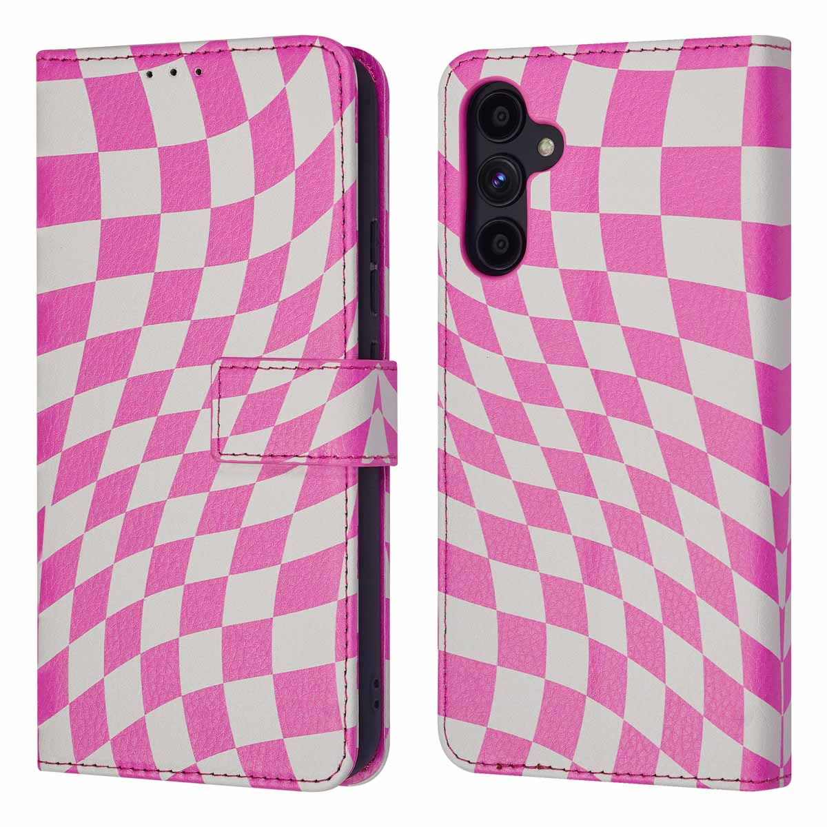 Étui de téléphone à damier rose et blanc, vues fermées et ouvertes.