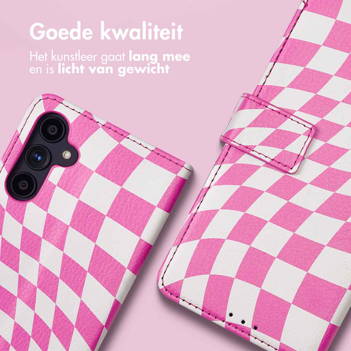 Étui de téléphone à damier rose et blanc. Texte sur la bonne qualité.