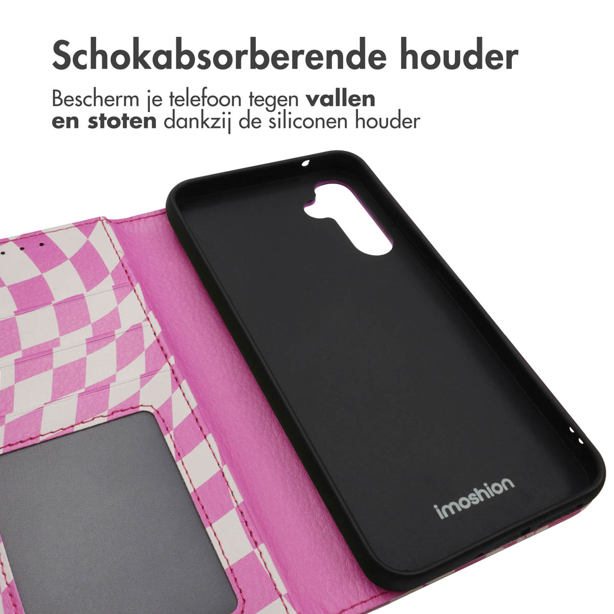 Coque de téléphone noire à l'intérieur d'une coque à damier rose et blanc. Texte sur l'absorption des chocs.
