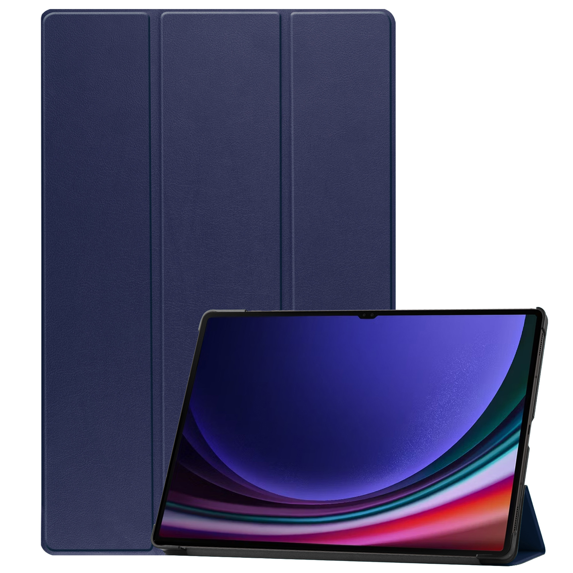 Blue tablet case and a tablet with a colorful screen. The case is standing beside the tablet.