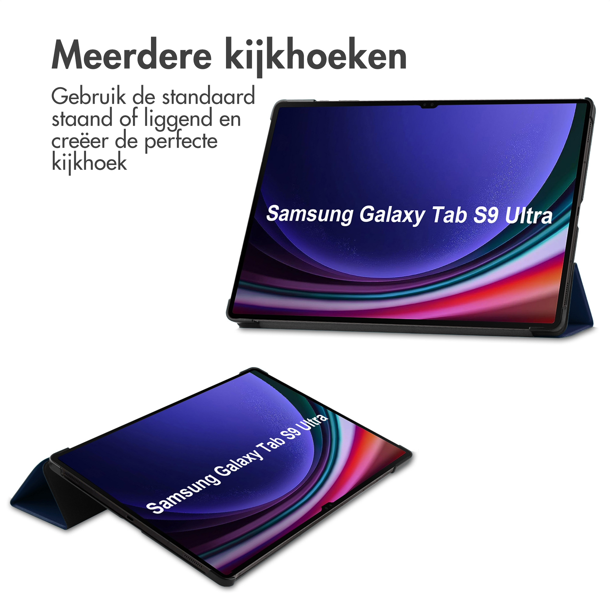 Tablets in a case, showing the screen with text, on a white background.
