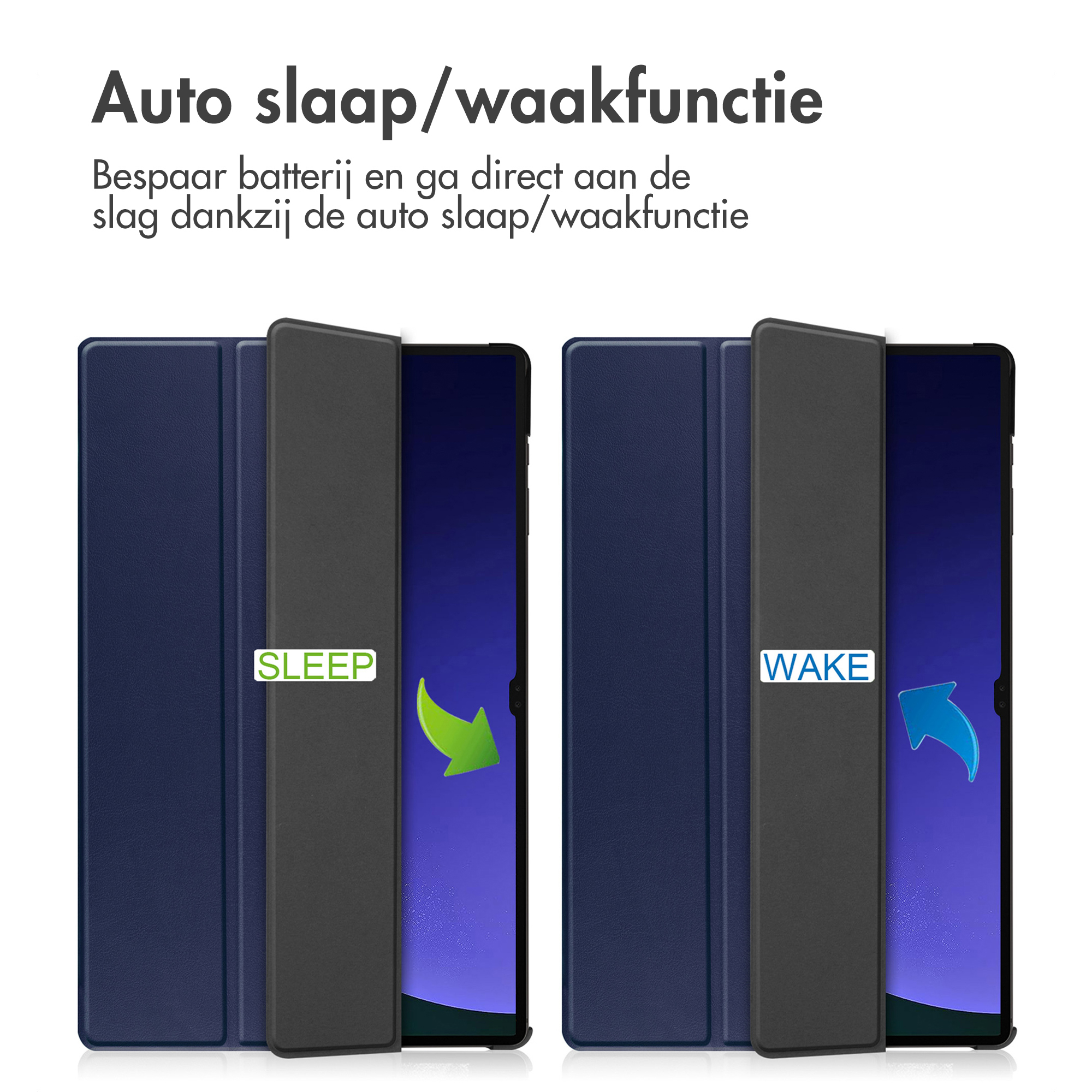 Tablet cover with sleep/wake function, showing a tablet with a cover open and closed.