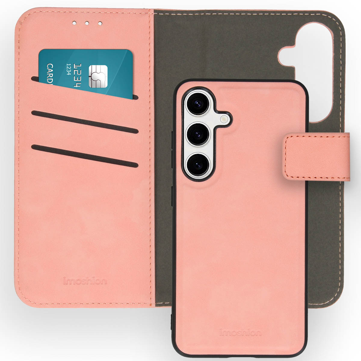 Roze telefoonhoes met een kaartsleuf en een portemonnee-ontwerp. Een blauwe creditcard is zichtbaar.