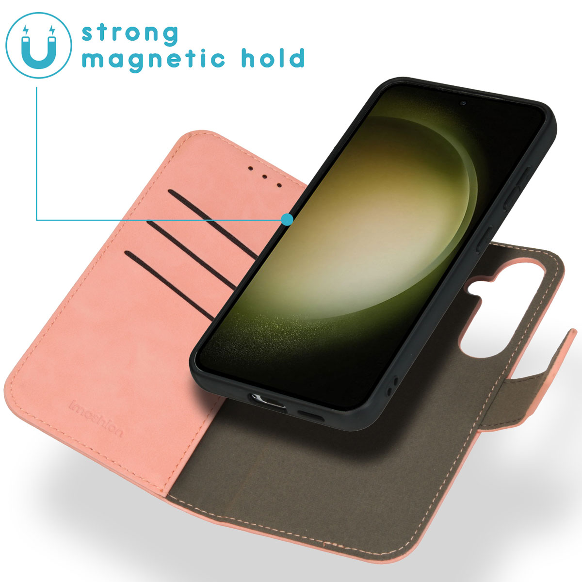 Telefoonhoes open, met telefoon. Roze en bruin, sterke magneetsluiting.