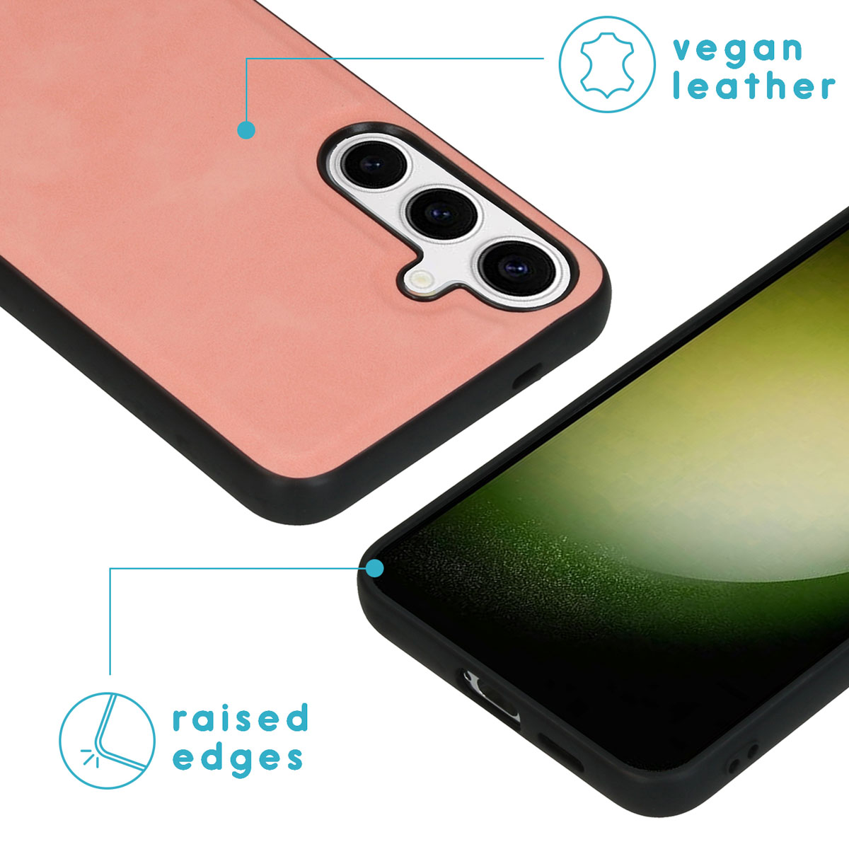 Close-up van een roze vegan leren telefoonhoesje met zwarte randen en een telefoon.