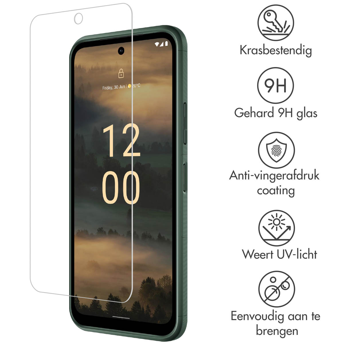 A screen protector and a phone. Features are shown on the right. The phone shows the time.