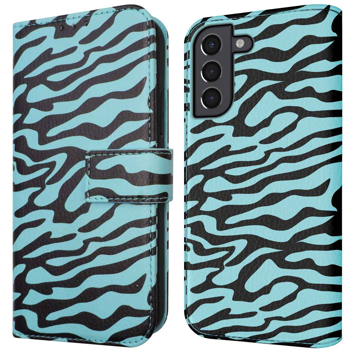 Telefoonhoes met turquoise en zwart zebra streepmotief, open en dicht.