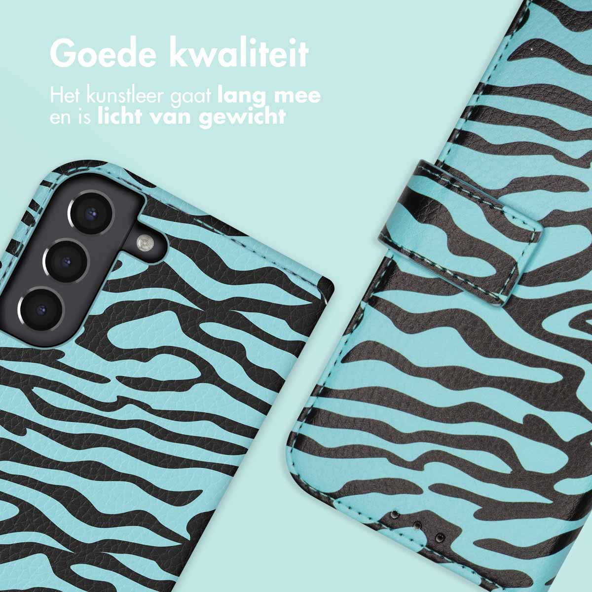 Blauwe telefoonhoes met zebrapatroon. Voorzien van telefoon, camera en magneetsluiting.